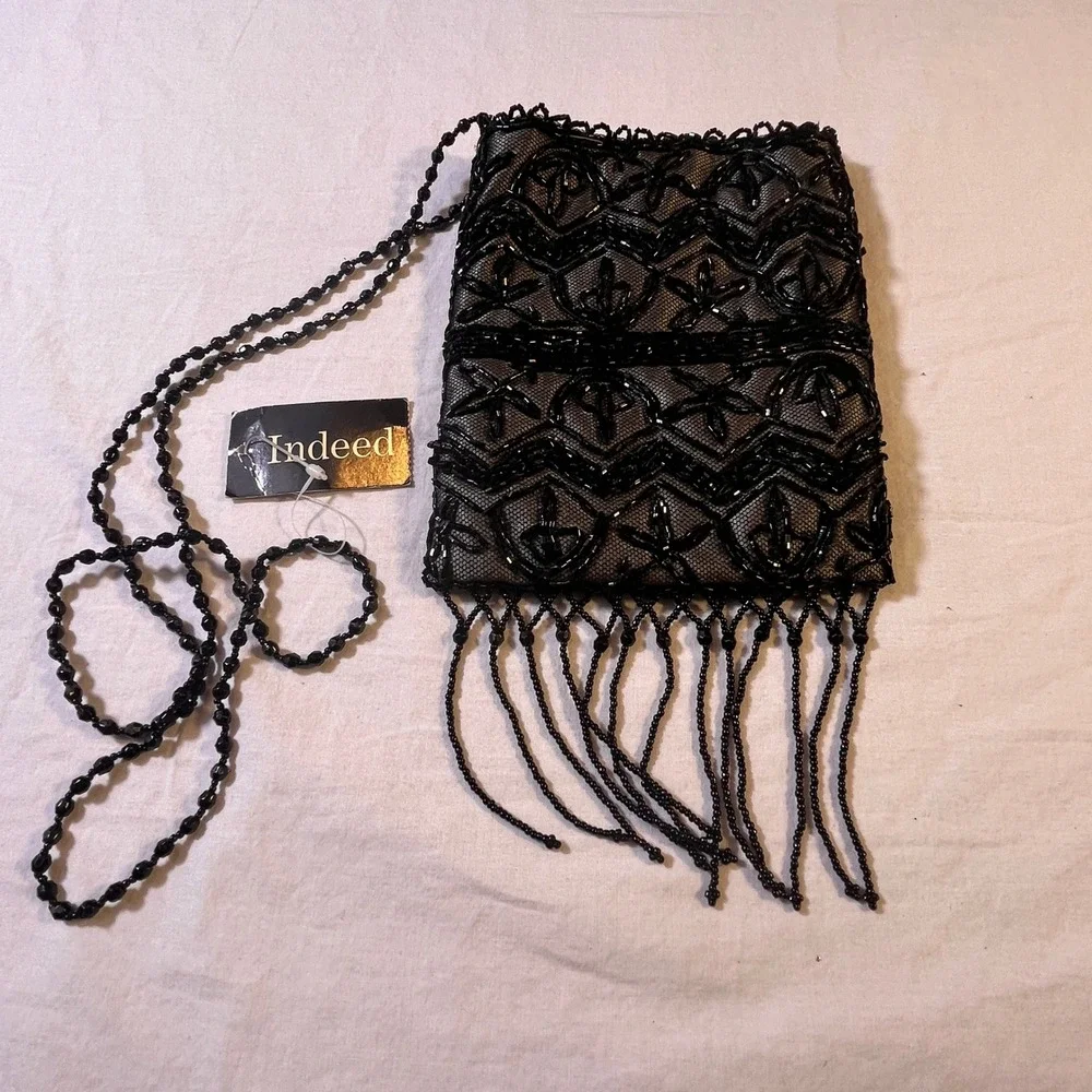 Indeed Black Beaded Lace Evening Clutch‎ Purse Bag Fringe Strap